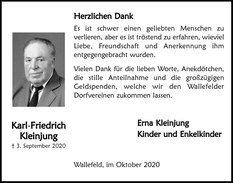  Traueranzeige für Karl-Friedrich Kleinjung vom 16.10.2020 aus  Anzeigen Echo 