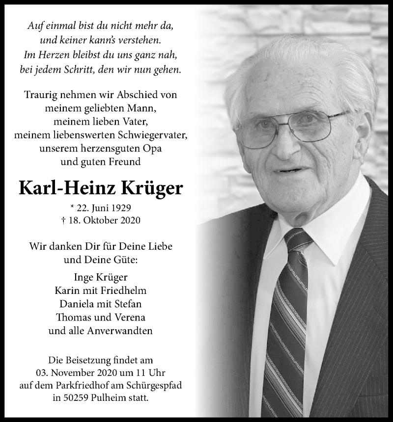  Traueranzeige für Karl-Heinz Krüger vom 30.10.2020 aus Kölner Stadt-Anzeiger / Kölnische Rundschau / Express