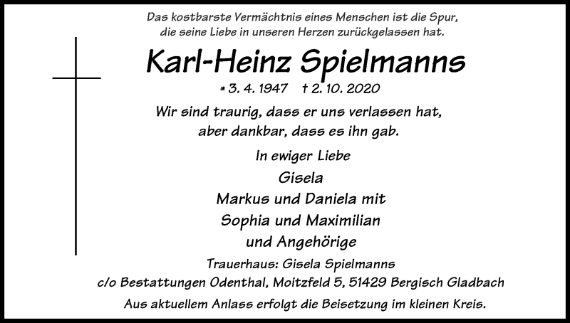  Traueranzeige für Karl-Heinz Spielmanns vom 10.10.2020 aus Kölner Stadt-Anzeiger / Kölnische Rundschau / Express