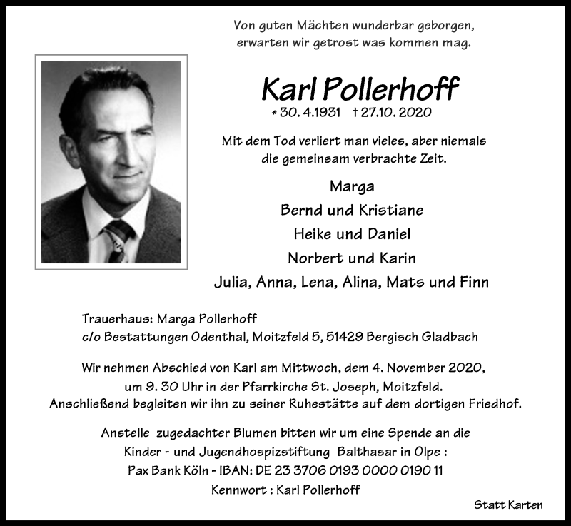  Traueranzeige für Karl Pollerhoff vom 31.10.2020 aus Kölner Stadt-Anzeiger / Kölnische Rundschau / Express