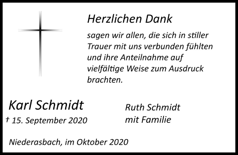  Traueranzeige für Karl Schmidt vom 23.10.2020 aus  Lokalanzeiger 