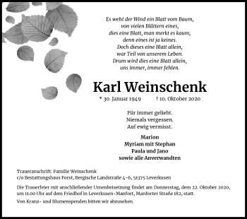 Anzeige von Karl Weinschenk von Kölner Stadt-Anzeiger / Kölnische Rundschau / Express