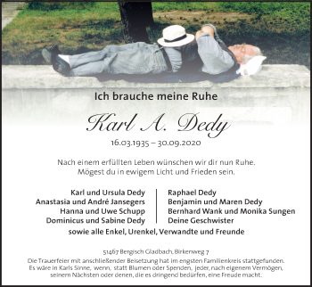 Anzeige von Karl A. Dedy von Kölner Stadt-Anzeiger / Kölnische Rundschau / Express