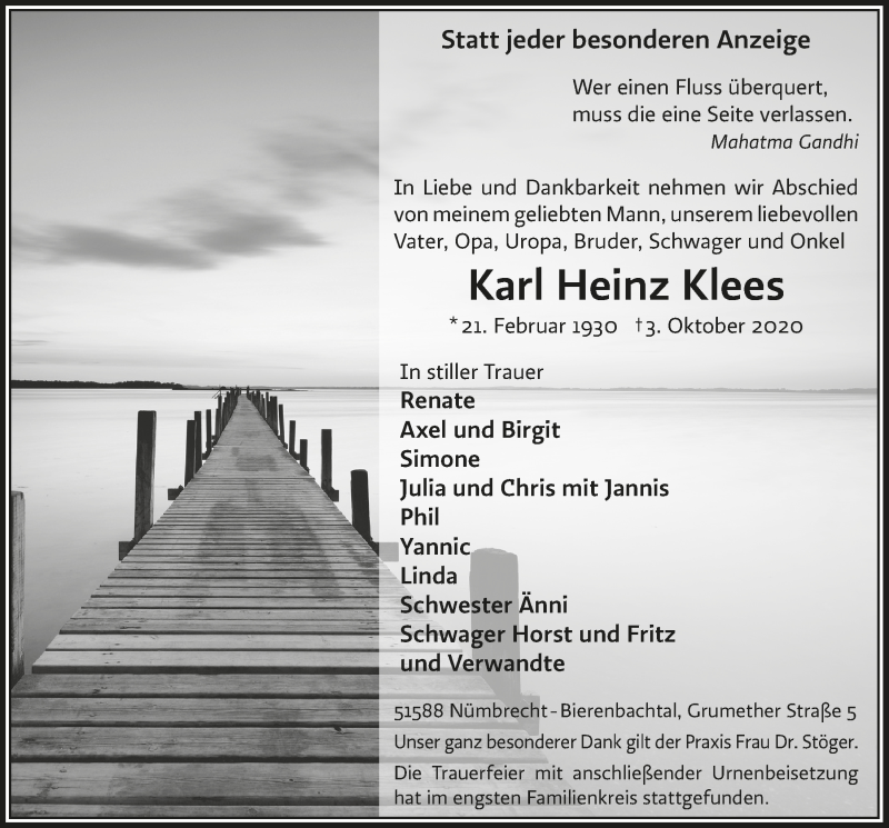  Traueranzeige für Karl Heinz Klees vom 09.10.2020 aus  Anzeigen Echo  Lokalanzeiger 