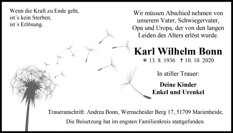  Traueranzeige für Karl Wilhelm Bonn vom 16.10.2020 aus  Anzeigen Echo 