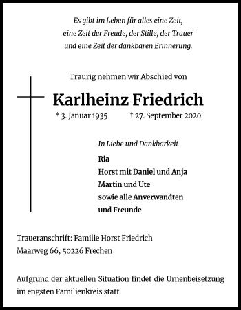 Anzeige von Karlheinz Friedrich von Kölner Stadt-Anzeiger / Kölnische Rundschau / Express