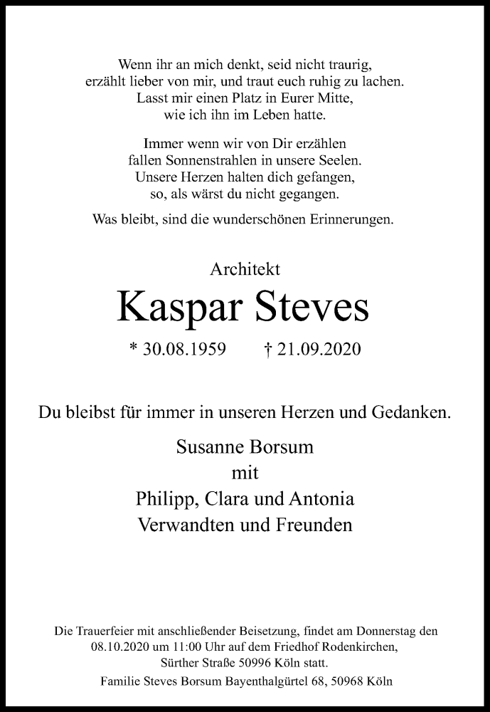  Traueranzeige für Kaspar Steves vom 03.10.2020 aus Kölner Stadt-Anzeiger / Kölnische Rundschau / Express