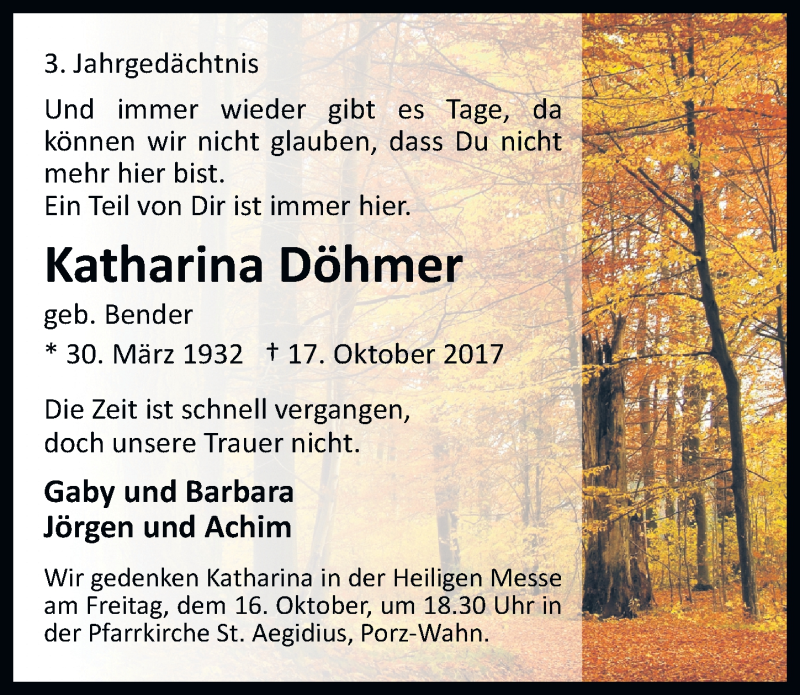  Traueranzeige für Katharina Döhmer vom 16.10.2020 aus  Kölner Wochenspiegel 