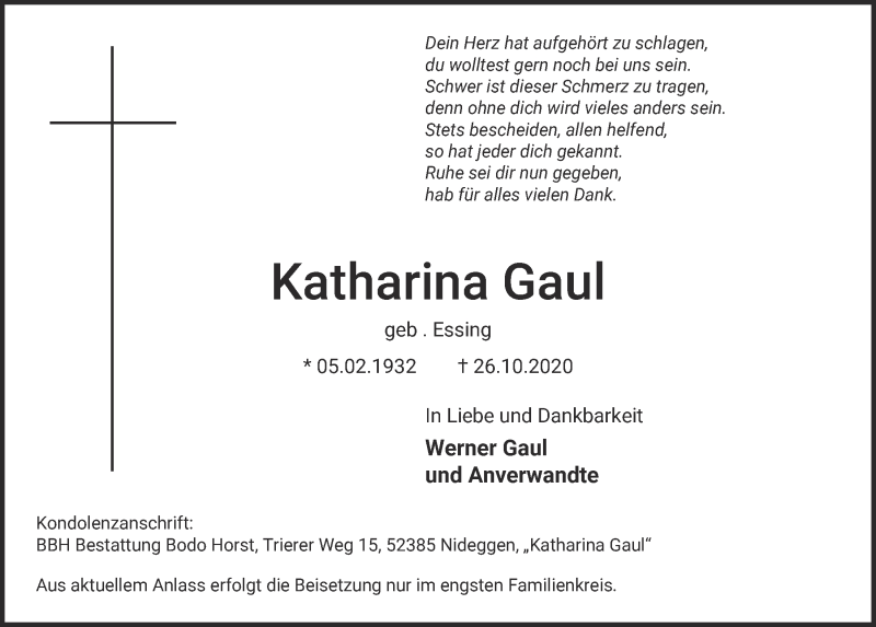  Traueranzeige für Katharina Gaul vom 31.10.2020 aus  Blickpunkt Euskirchen 