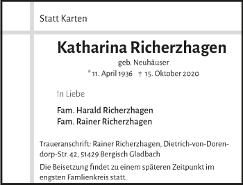 Anzeige von Katharina Richerzhagen von  Bergisches Handelsblatt 