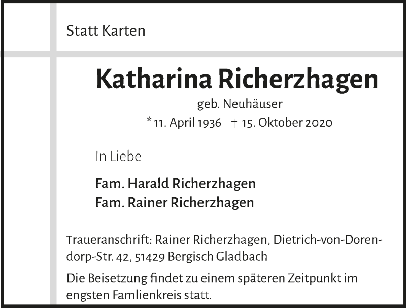  Traueranzeige für Katharina Richerzhagen vom 23.10.2020 aus  Bergisches Handelsblatt 