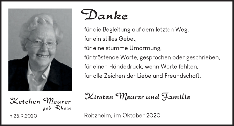  Traueranzeige für Ketchen Meurer vom 31.10.2020 aus  Blickpunkt Euskirchen 
