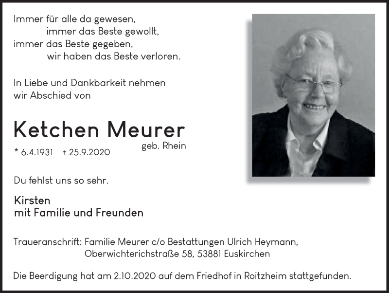  Traueranzeige für Ketchen Meurer vom 02.10.2020 aus  Blickpunkt Euskirchen 