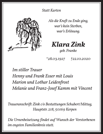Anzeige von Klara Zink von  Wochenende 