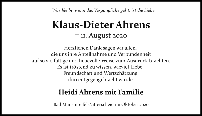  Traueranzeige für Klaus-Dieter Ahrens vom 24.10.2020 aus  Blickpunkt Euskirchen 