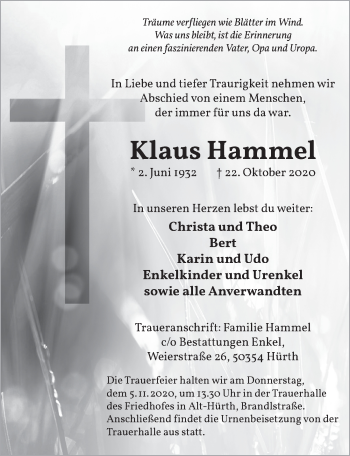 Anzeige von Klaus Hammel von  Wochenende 
