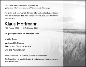 Anzeige von Klaus Hoffmann von Kölner Stadt-Anzeiger / Kölnische Rundschau / Express