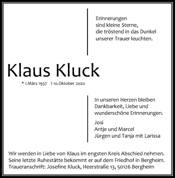 Anzeige von Klaus Kluck von Kölner Stadt-Anzeiger / Kölnische Rundschau / Express