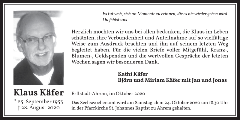  Traueranzeige für Klaus Käfer vom 09.10.2020 aus  Werbepost 