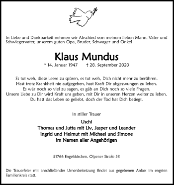 Anzeige von Klaus Mundus von Kölner Stadt-Anzeiger / Kölnische Rundschau / Express