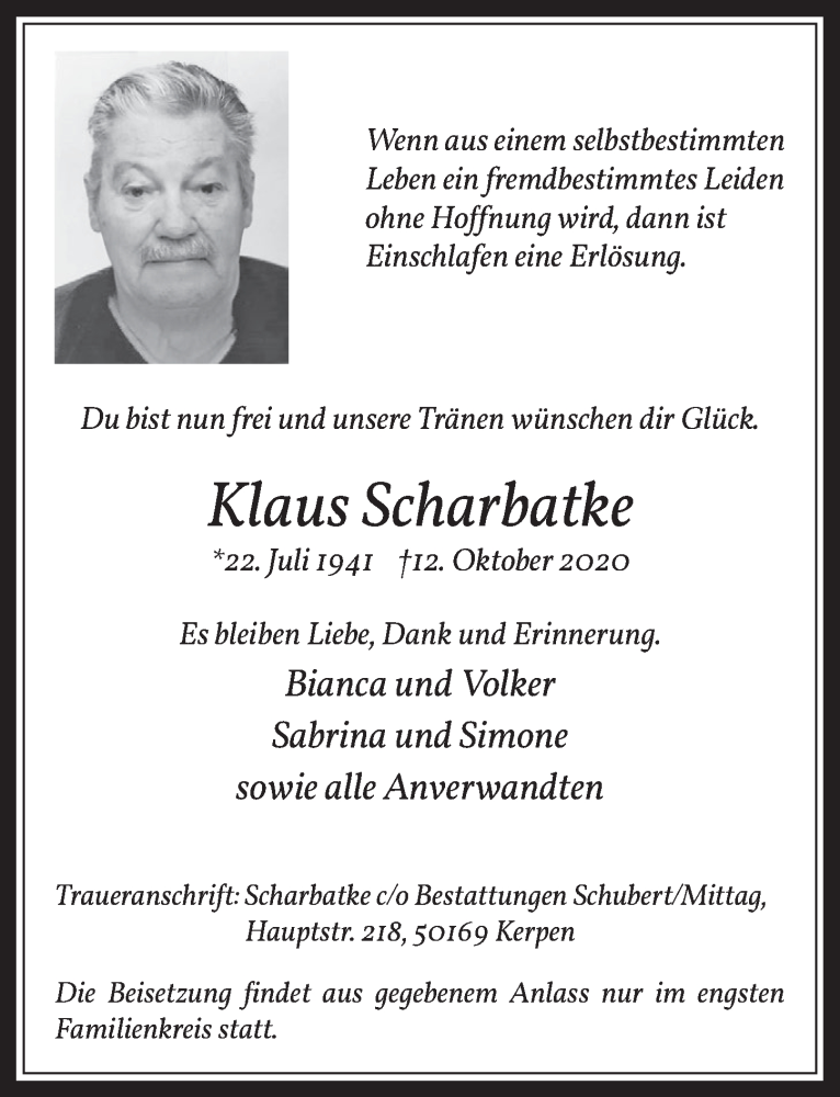  Traueranzeige für Klaus Scharbatke vom 23.10.2020 aus  Werbepost 