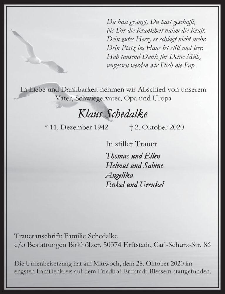  Traueranzeige für Klaus Schedalke vom 30.10.2020 aus  Werbepost 