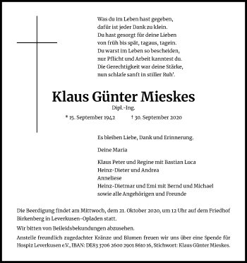 Anzeige von Klaus Günter Mieskes von Kölner Stadt-Anzeiger / Kölnische Rundschau / Express