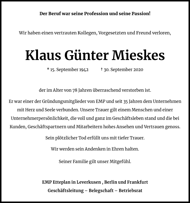  Traueranzeige für Klaus Günter Mieskes vom 10.10.2020 aus Kölner Stadt-Anzeiger / Kölnische Rundschau / Express