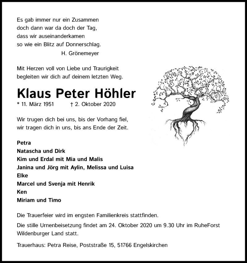  Traueranzeige für Klaus Peter Höhler vom 14.10.2020 aus Kölner Stadt-Anzeiger / Kölnische Rundschau / Express
