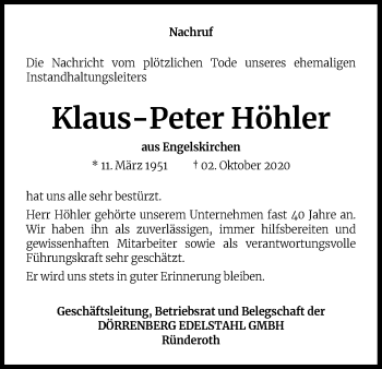 Anzeige von Klaus Peter Höhler von Kölner Stadt-Anzeiger / Kölnische Rundschau / Express