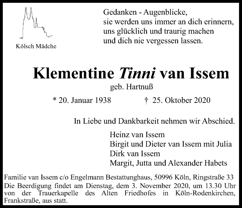  Traueranzeige für Klementine van Issem vom 31.10.2020 aus Kölner Stadt-Anzeiger / Kölnische Rundschau / Express