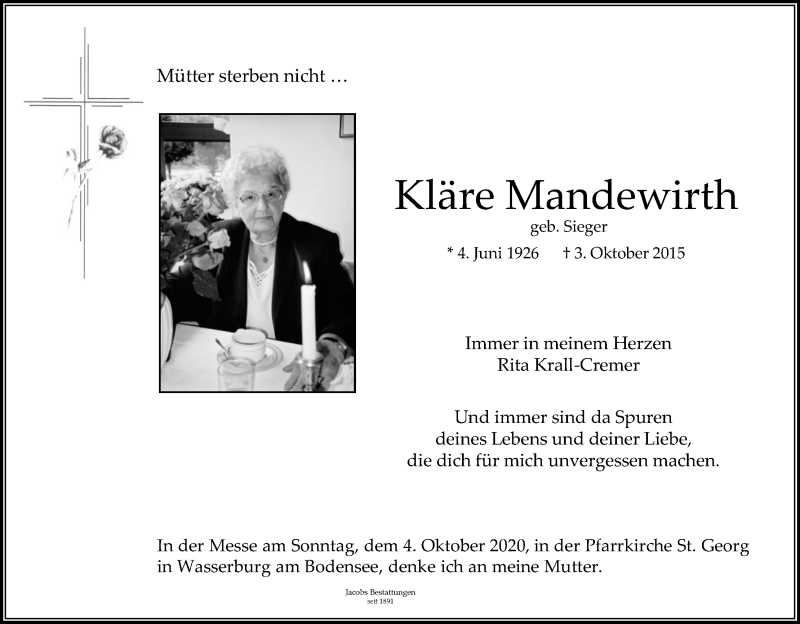  Traueranzeige für Kläre Mandewirth vom 18.07.2023 aus Kölner Stadt-Anzeiger / Kölnische Rundschau / Express
