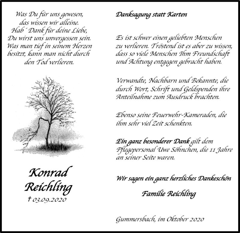  Traueranzeige für Konrad Reichling vom 16.10.2020 aus  Anzeigen Echo 