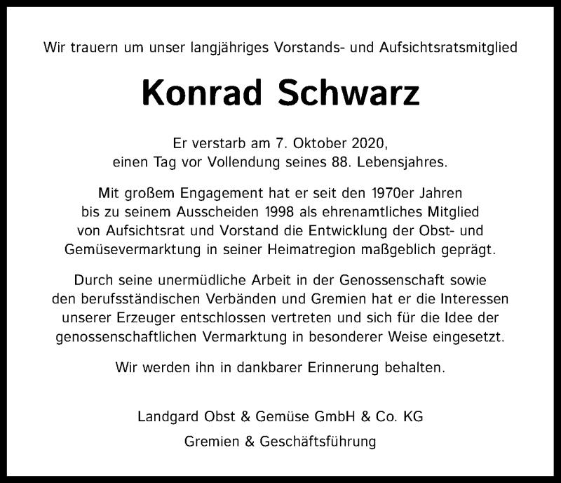  Traueranzeige für Konrad Schwarz vom 15.10.2020 aus Kölner Stadt-Anzeiger / Kölnische Rundschau / Express