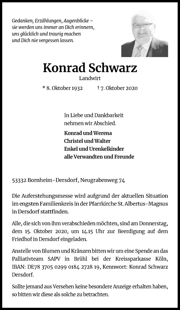  Traueranzeige für Konrad Schwarz vom 10.10.2020 aus Kölner Stadt-Anzeiger / Kölnische Rundschau / Express