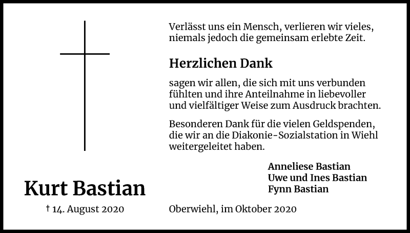  Traueranzeige für Kurt Bastian vom 03.10.2020 aus Kölner Stadt-Anzeiger / Kölnische Rundschau / Express
