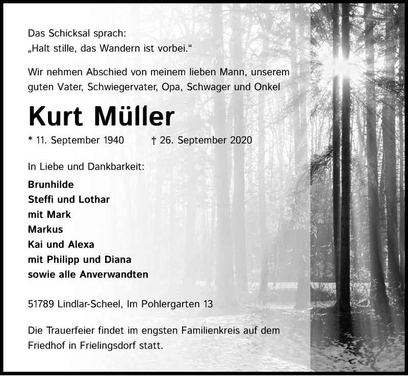  Traueranzeige für Kurt Müller vom 03.10.2020 aus Kölner Stadt-Anzeiger / Kölnische Rundschau / Express