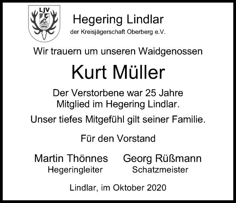  Traueranzeige für Kurt Müller vom 10.10.2020 aus Kölner Stadt-Anzeiger / Kölnische Rundschau / Express