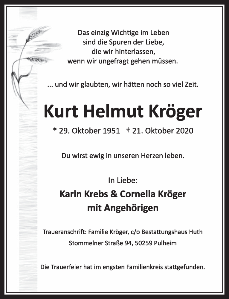  Traueranzeige für Kurt Helmut Kröger vom 30.10.2020 aus  Wochenende 