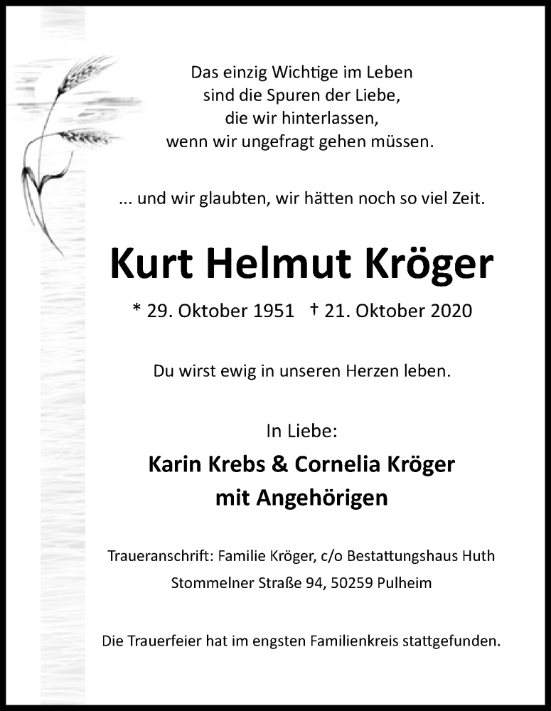  Traueranzeige für Kurt Helmut Kröger vom 31.10.2020 aus Kölner Stadt-Anzeiger / Kölnische Rundschau / Express