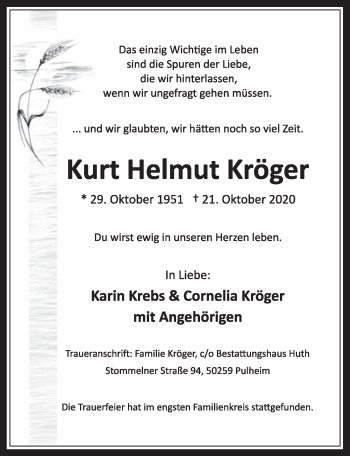 Anzeige von Kurt Helmut Kröger von  Wochenende 