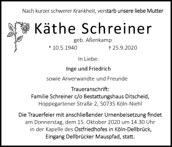Anzeige von Käthe Schreiner von Kölner Stadt-Anzeiger / Kölnische Rundschau / Express