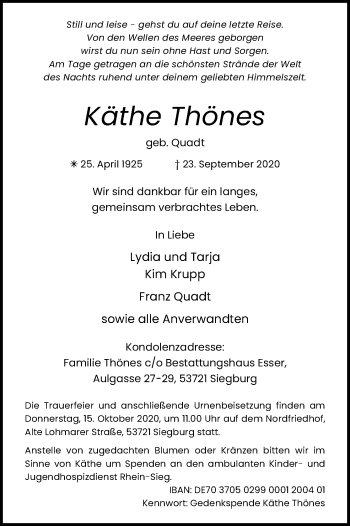Anzeige von Käthe Thönes von Kölner Stadt-Anzeiger / Kölnische Rundschau / Express