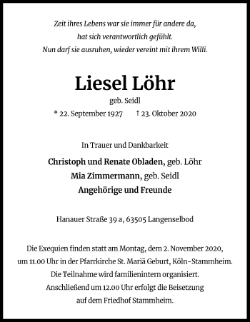 Anzeige von Liesel Löhr von Kölner Stadt-Anzeiger / Kölnische Rundschau / Express