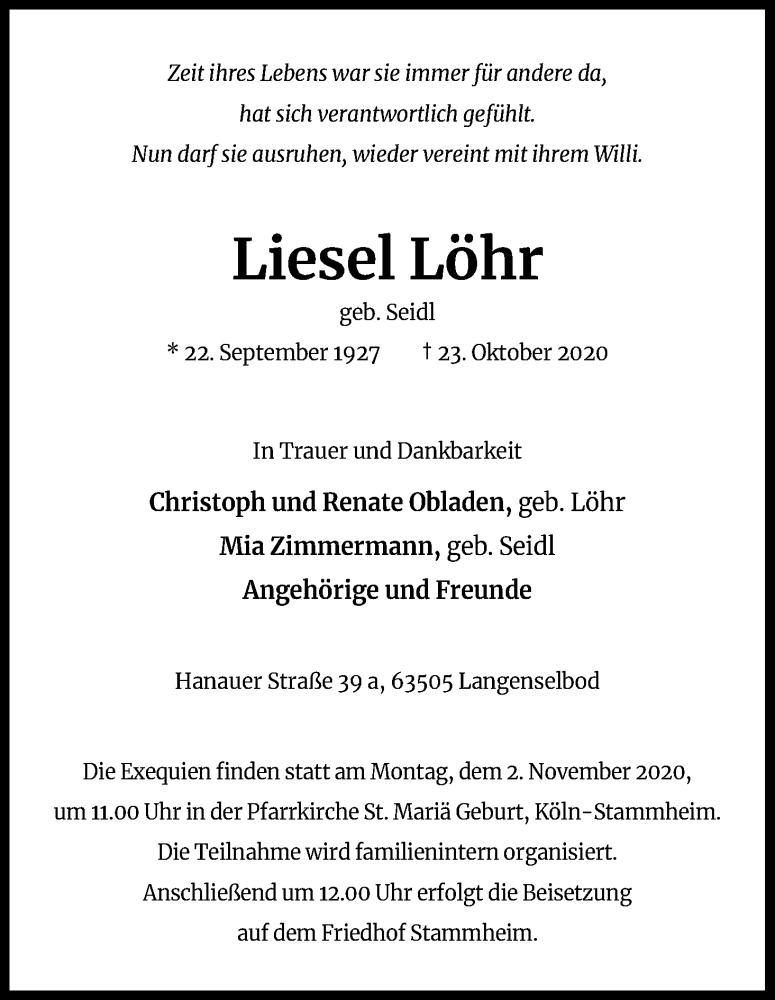  Traueranzeige für Liesel Löhr vom 29.10.2020 aus Kölner Stadt-Anzeiger / Kölnische Rundschau / Express