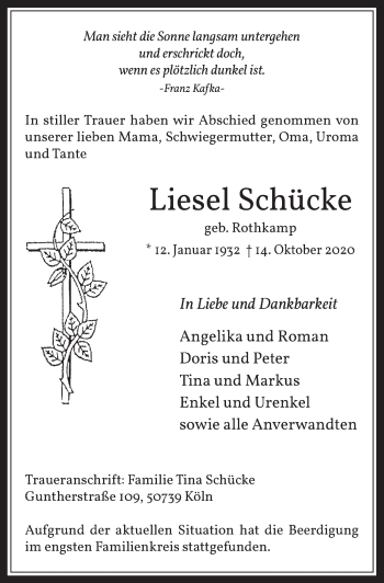 Anzeige von Liesel Schücke von  Wochenende 