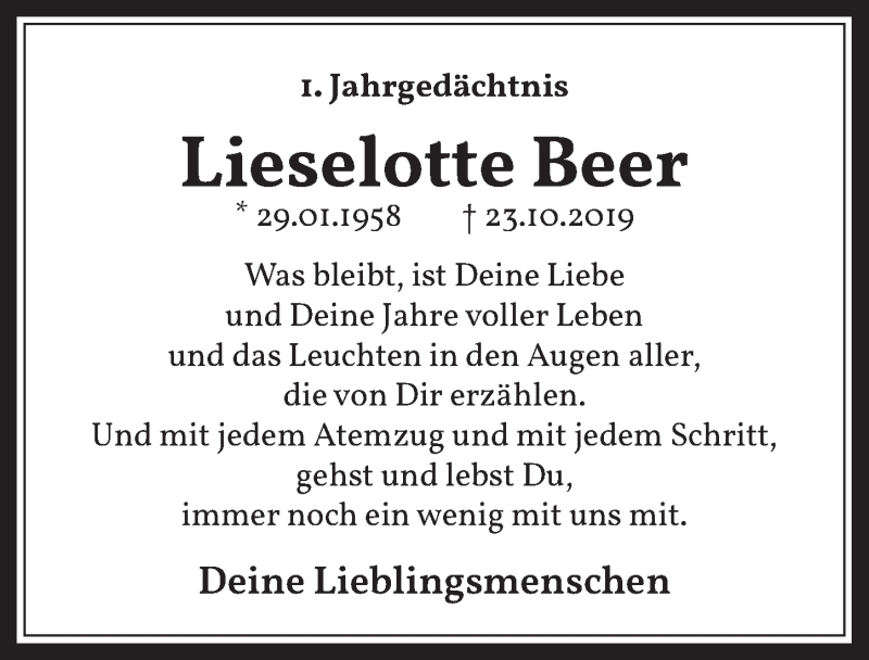  Traueranzeige für Lieselotte Beer vom 23.10.2020 aus  Wochenende 