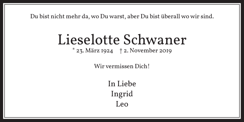  Traueranzeige für Lieselotte Schwaner vom 30.10.2020 aus  Werbepost 