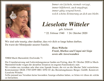 Anzeige von Lieselotte Witteler von  Lokalanzeiger 