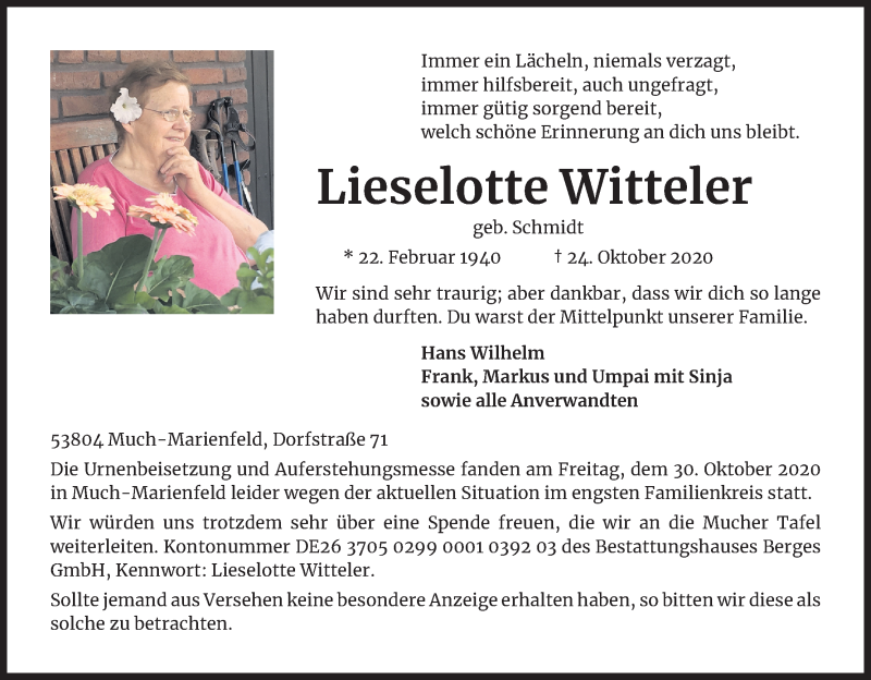  Traueranzeige für Lieselotte Witteler vom 31.10.2020 aus Kölner Stadt-Anzeiger / Kölnische Rundschau / Express